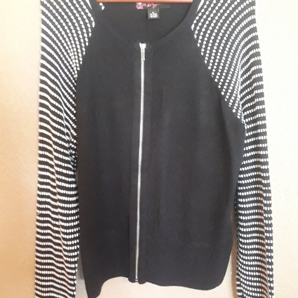 Peck & Peck Black Full Zip Sweater XL with Black & White horizontal striped arms